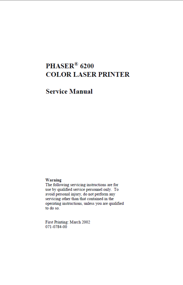 Service manual Xerox PHASER 6200 COLOR LASER PRINTER