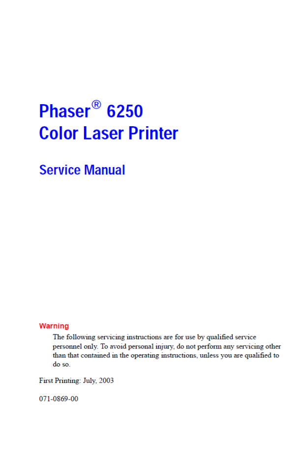 Service manual Xerox Phaser 6250 Color Laser Printer