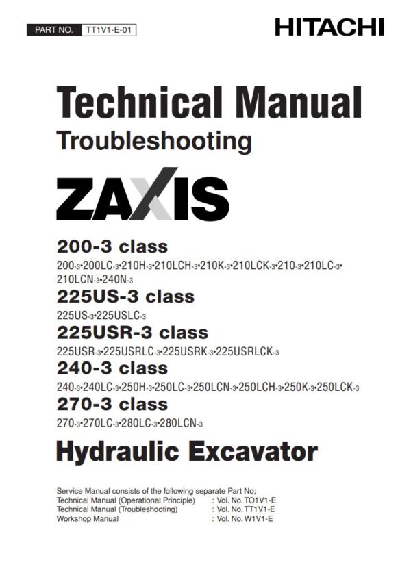 Technical manual Troubleshooting Hitachi Zaxis 200-3, 225US-3, 225USR-3, 240-3, 270-3