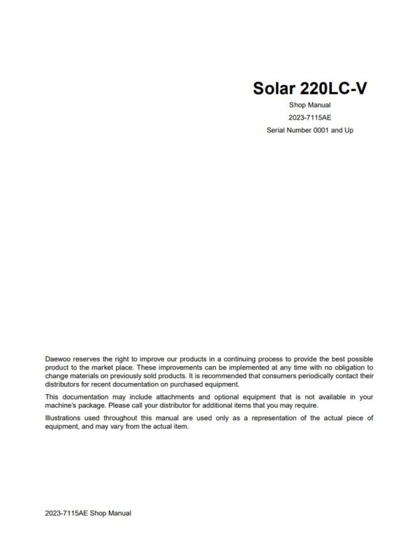 Service manual DAEWOO Doosan Solar 220 LC-V, 0001 and Up.