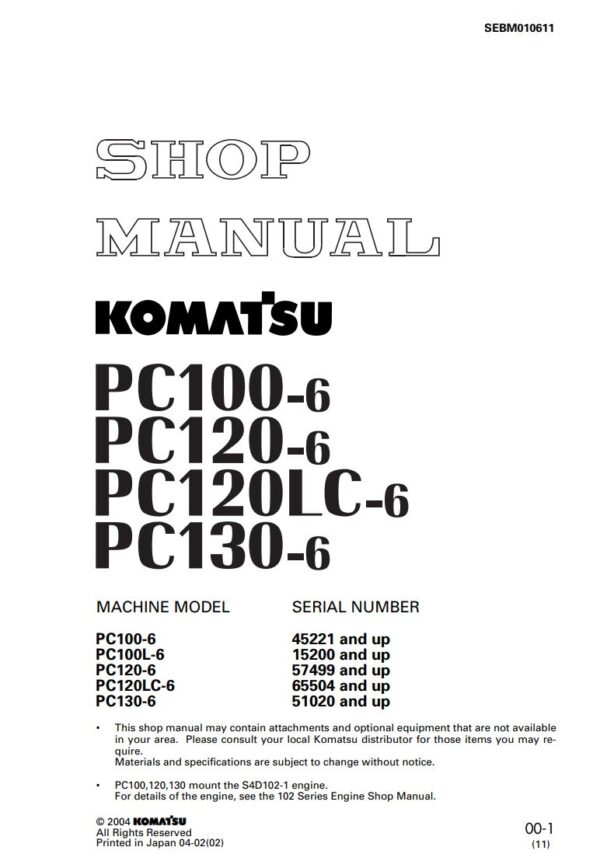 Service manual Komatsu PC100-6, PC100L-6, PC120-6, PC120LC-6, PC130-6