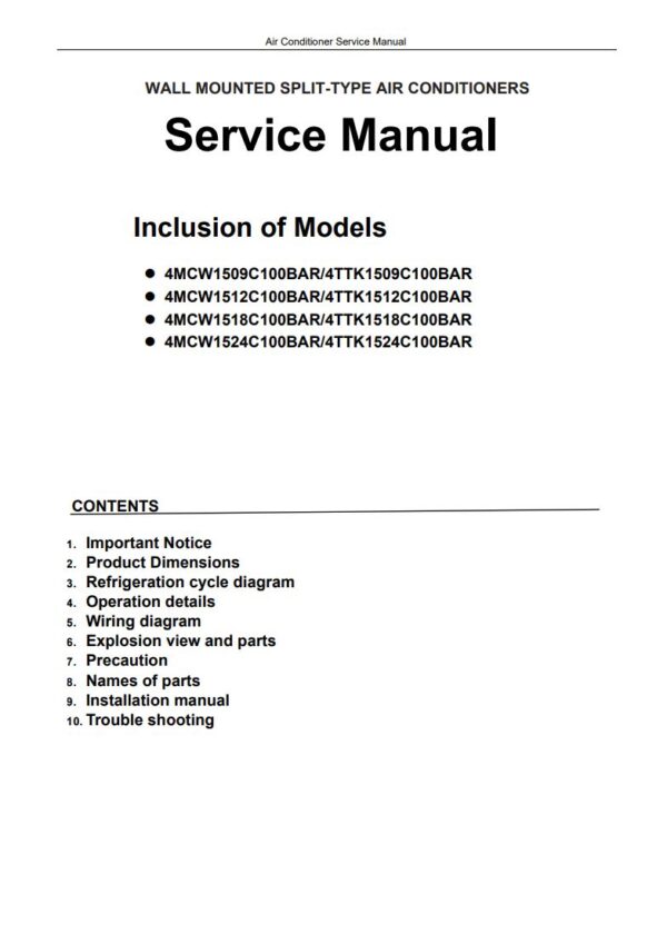 Service manual Trane 4MCW1509C100BAR, 4TTK1509C100BAR, 4MCW1512C100BAR, 4TTK1512C100BAR, 4MCW1518C100BAR, 4TTK1518C100BAR, 4MCW1524C100BAR, 4TTK1524C100BAR