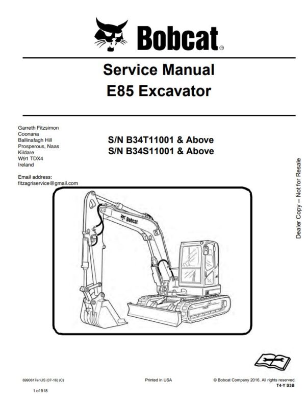Service Manual Bobcat E85 Excavator