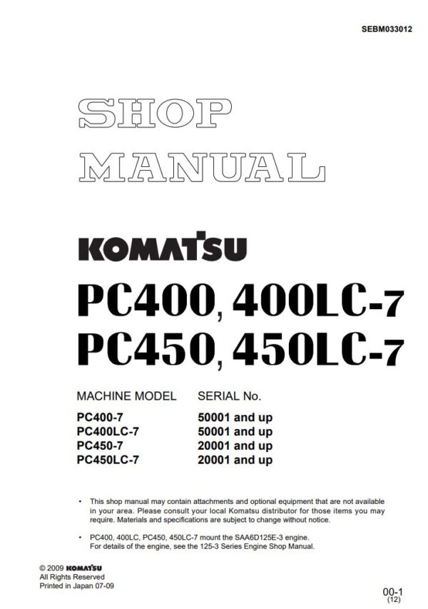 Service manual Komatsu PC400LC-7, PC450LC-7, PC400-7, PC450-7 Hydraulic Excavator
