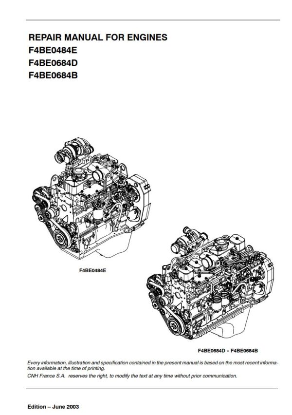 Service manual New Holland Iveco F4BE0484E, F4BE0684D, F4BE0684B Engines