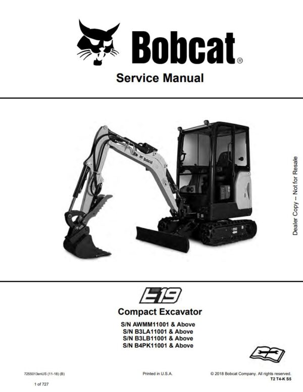 Service manual Bobcat E19 Compact Excavator (AWMM11001, B3LA11001, B3LB11001, B4PK11001)