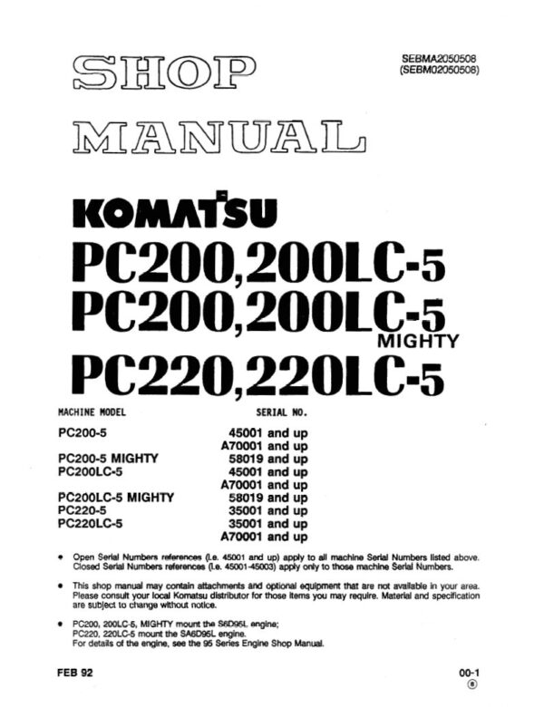 Service manual Komatsu PC200-5, PC200-5LC, PC200LC-5, PC200LC-5 MIGHTY