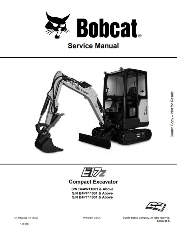 Service manual Bobcat E17z Excavator (B4AW11001, B4PF11001, B4PT11001)