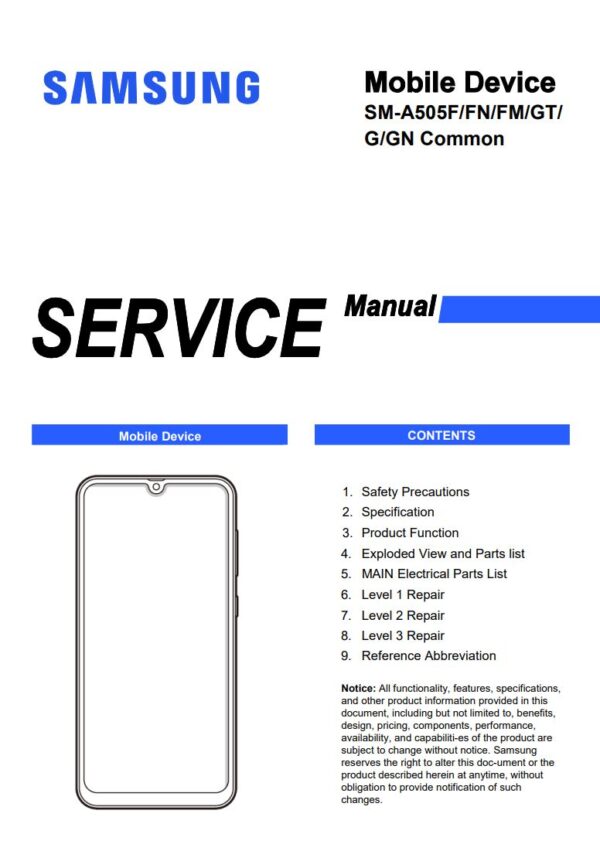 Service manual Samsung Galaxy A50 (SM-A505F, SM-A505FN, SM-A505FM, SM-A505GT, SM-A505G, SM-A505GN)