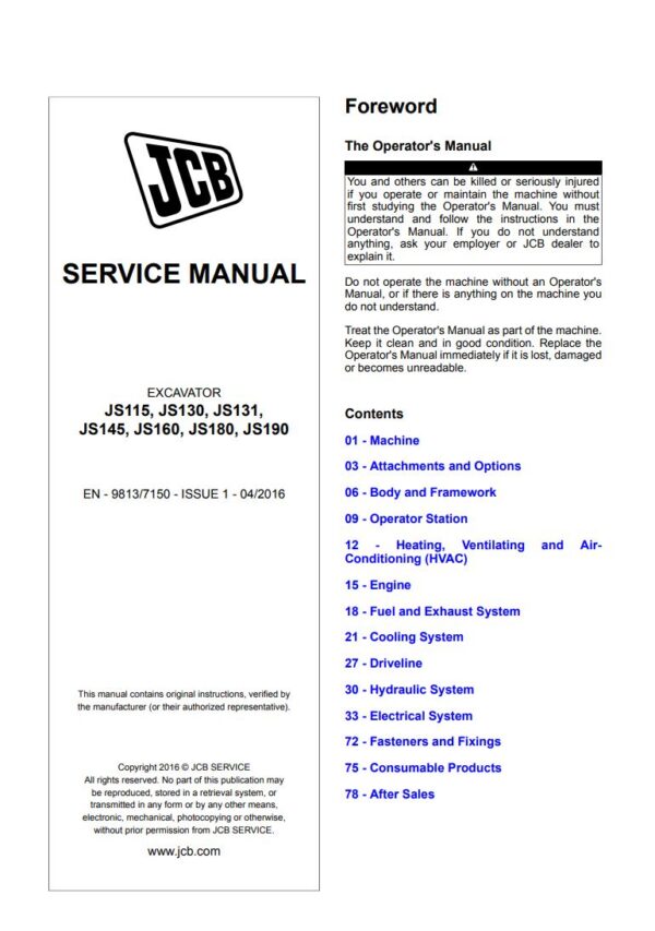 Service manual JCB JS115, JS130, JS131, JS145, JS160, JS180, JS190