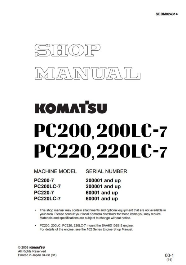 Service manual Komatsu PC220-7, PC220LC-7, PC200-7, PC200LC-7