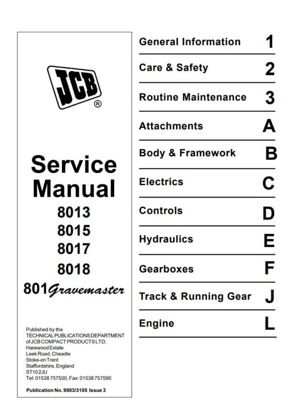 Service manual JCB 8013, 8015, 8017, 8018 Mini Excavator