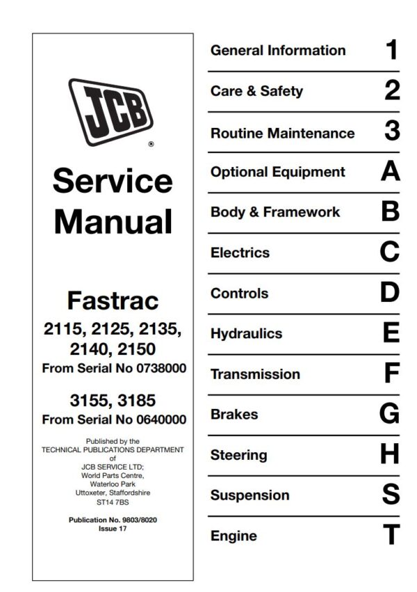 Service manual JCB 3155, 3185, 2115, 2125, 2135, 2140, 2150 Fastrac