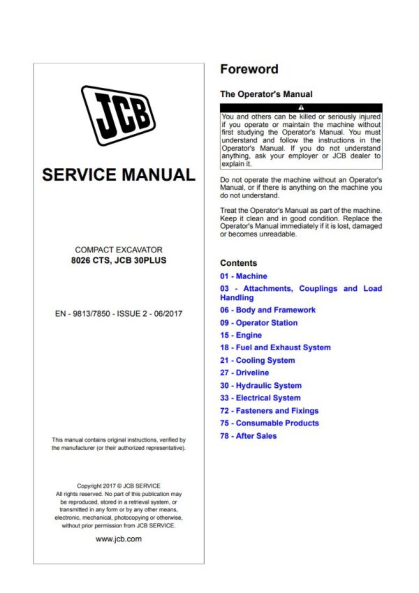 Service manual JCB 8026 CTS, JCB 30PLUS Compact Excavator