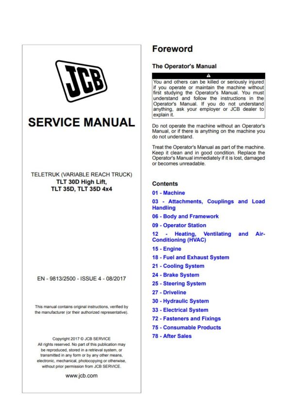 Service manual JCB TLT 30D High Lift, TLT 35D, TLT 35D 4×4