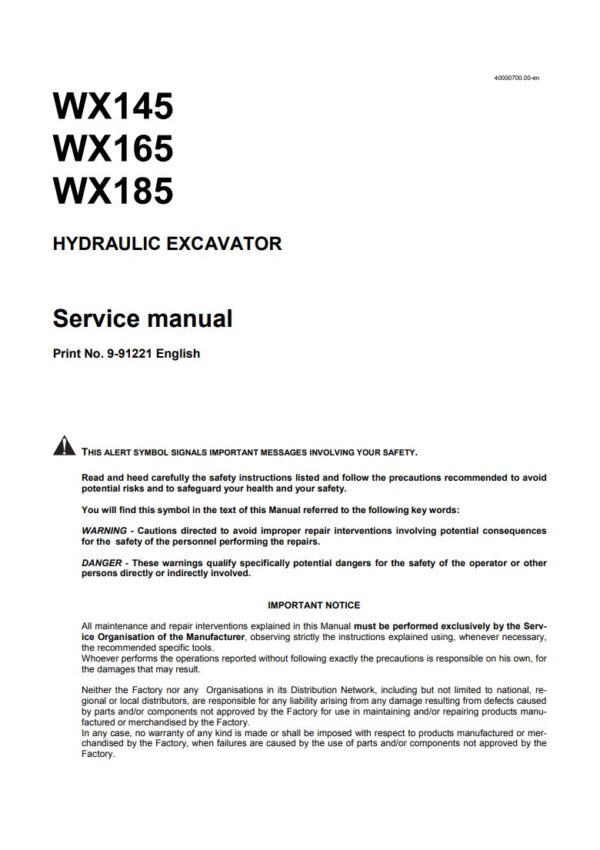Service manual Case WX145, WX165, WX185 Excavator