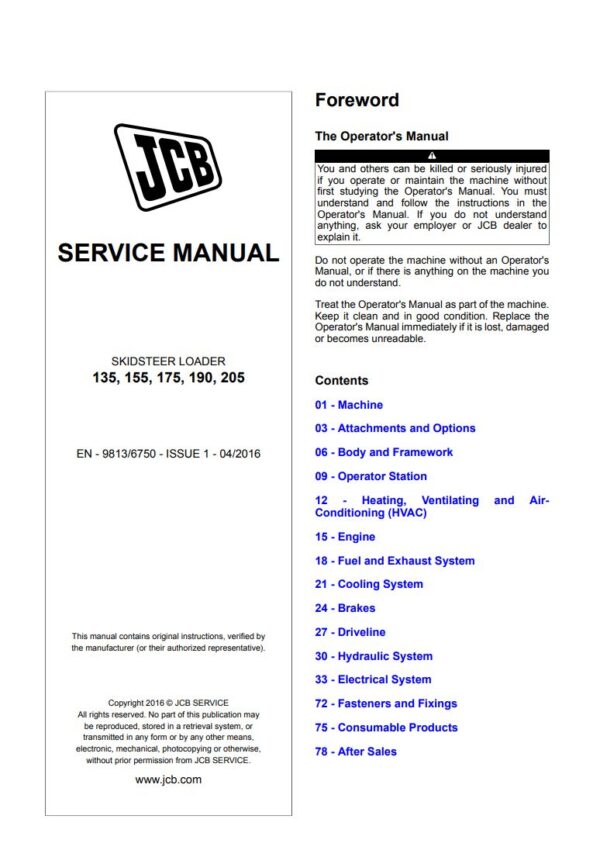 Service manual JCB 135, 155, 175, 190, 205 Skidsteer Loader