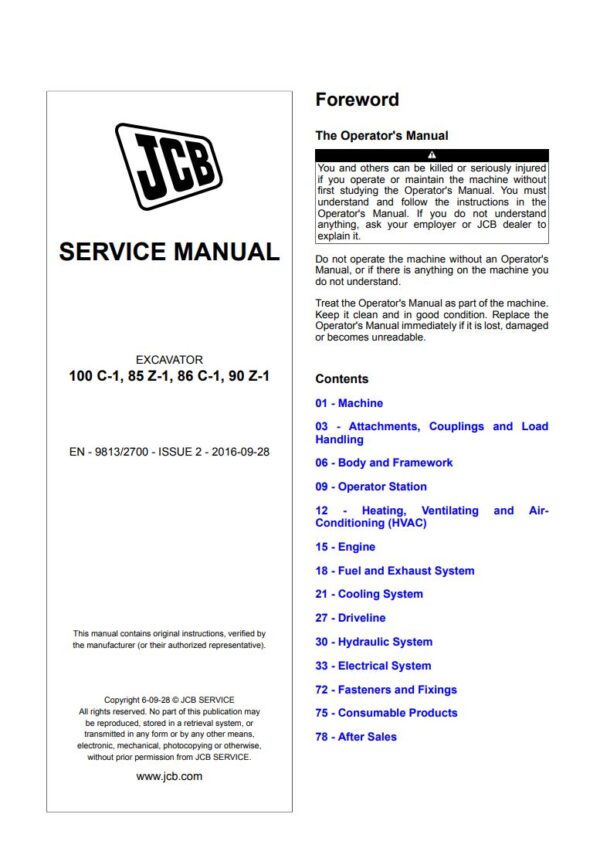 Service manual JCB 100 C-1, 85 Z-1, 86 C-1, 90 Z-1 Compact Excavator