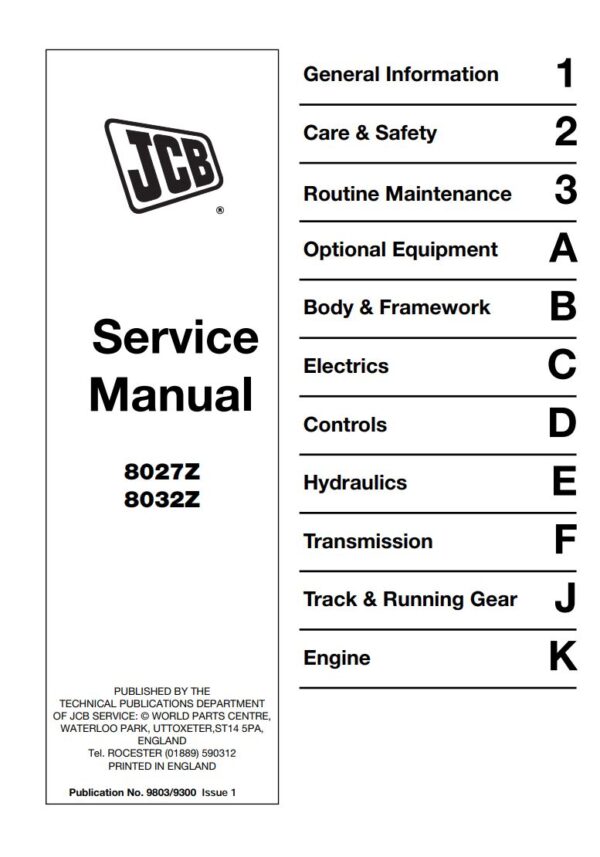 Service manual JCB 8027Z, 8032Z Mini Excavator
