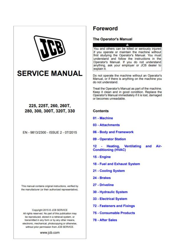 Service manual 2015 JCB 225, 225T, 260, 260T, 280, 300, 300T, 320T, 330