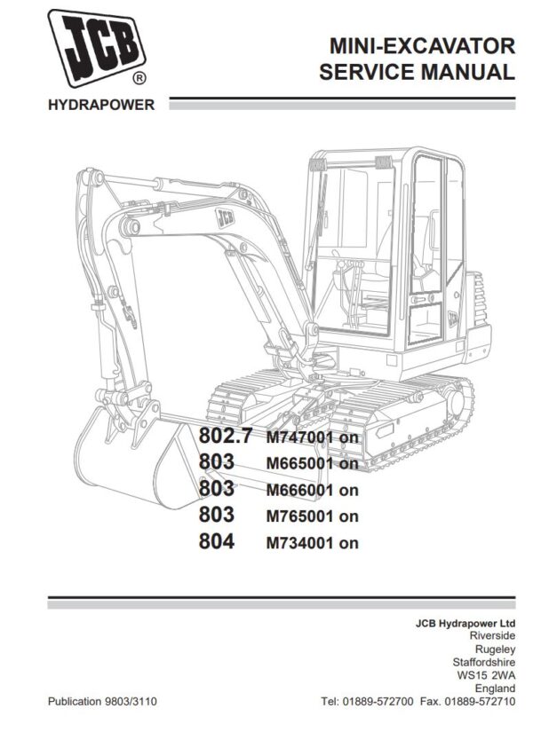 Service manual JCB 802.7, 803, 804 Mini Excavator
