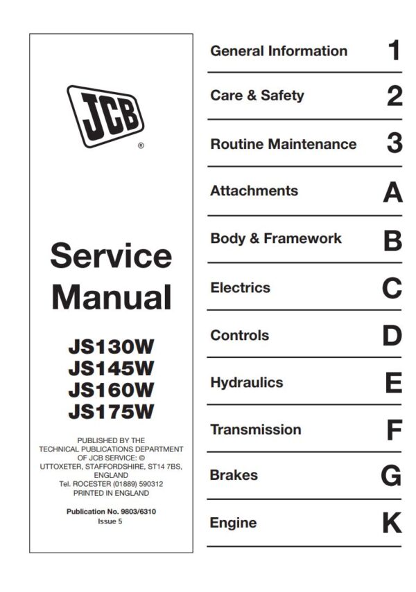 Service manual JCB JS130W, JS145W, JS160W, JS175W Wheeled Excavator