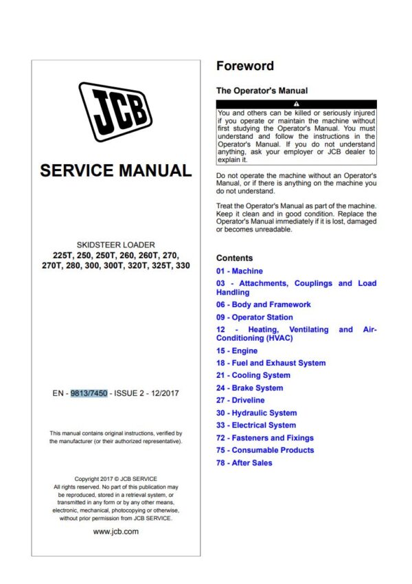 Service manual JCB 225T, 250, 250T, 260, 260T, 270, 270T, 280, 300, 300T, 320T, 325T, 330