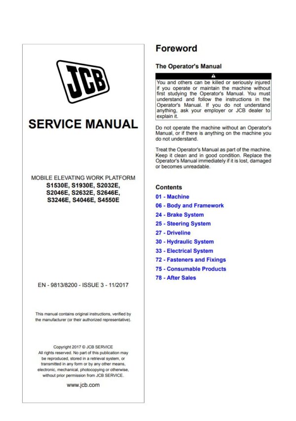 Service manual JCB S1530E, S1930E, S2032E, S2046E, S2632E, S2646E, S3246E, S4046E, S4550E