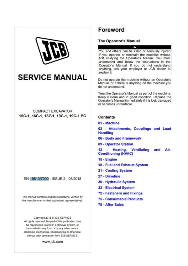 Service manual JCB 15C-1, 16C-1, 18Z-1, 19C-1, 19C-1 PC Compact Excavator