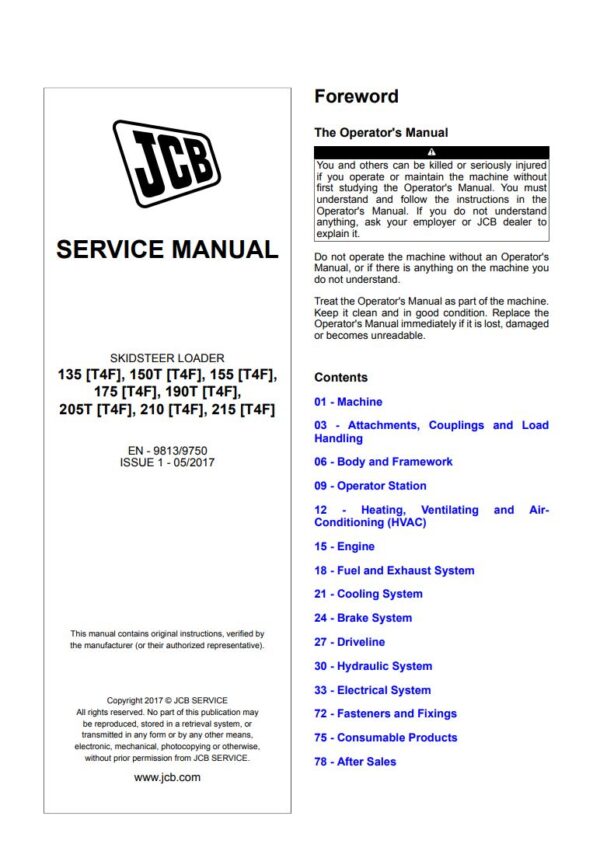Service manual JCB 135, 150T, 155, 175, 190T, 205T, 210, 215 [T4F] Skid Steer Loader