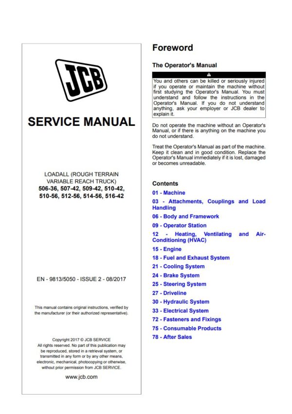 Service manual JCB 506-36, 507-42, 509-42, 510-42, 510-56, 512-56, 514-56, 516-42 Loadall