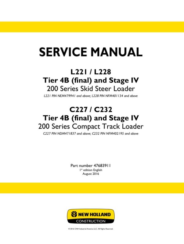 Service manual New Holland L221, L228, C227, C232 Tier 4B (final) and Stage IV