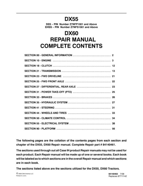 Service manual Case DX55, DX60 Tractors