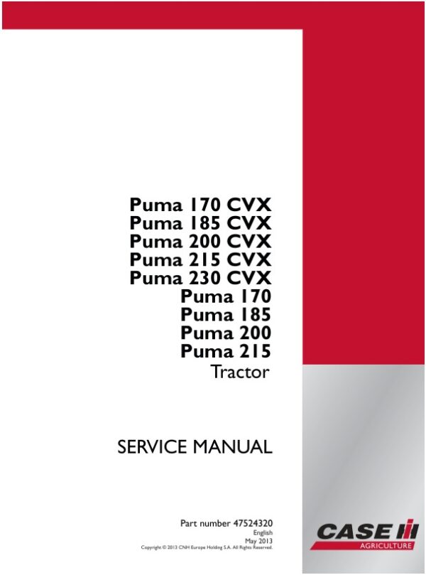 Service manual Case Puma 170, 185, 200, 215, 230 CVX Tractor