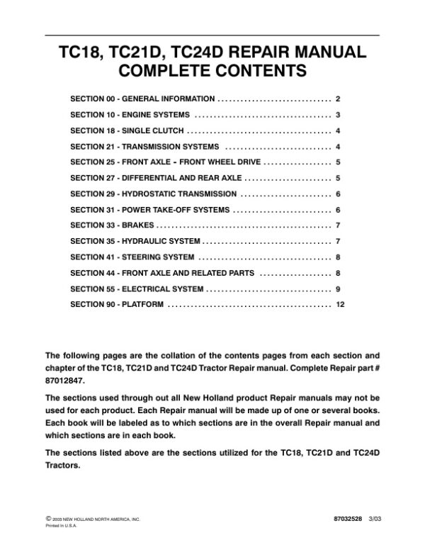 Service manual New Holland TC18, TC21D, TC24D Tractor