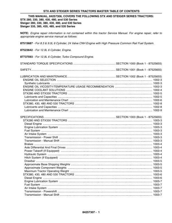 Service manual Case STX 280, 330, 380, 430, 480 Steiger 280, 330, 380, 430, 480, 335, 385, 435, 485