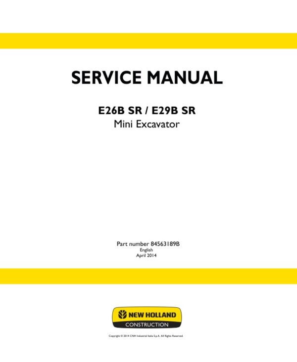 Service manual New Holland E26B SR, E29B SR Mini Excavator