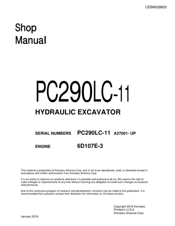 Service manual Komatsu PC290LC-11 (A27001- UP)