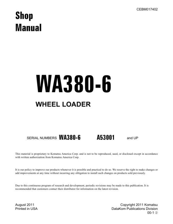 Service manual Komatsu WA380-6 Wheel Loader | CEBM017402