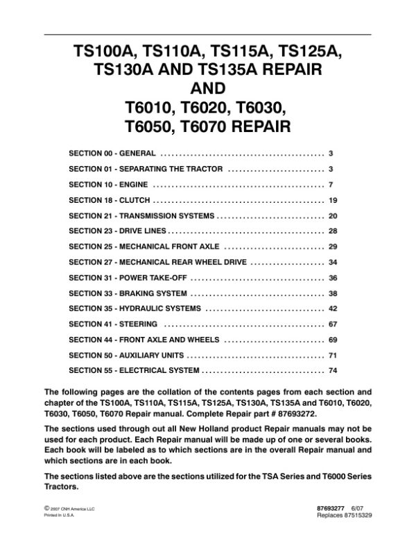 Service manual New Holland TS100A, TS110A, TS115A, TS125A, TS130A, TS135A, T6010, T6020, T6030, T6050, T6070 | 87693272