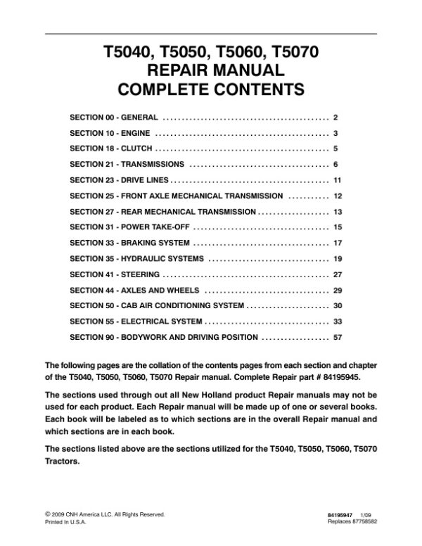 Service manual New Holland T5040, T5050, T5060, T5070 Tractor | 84195947