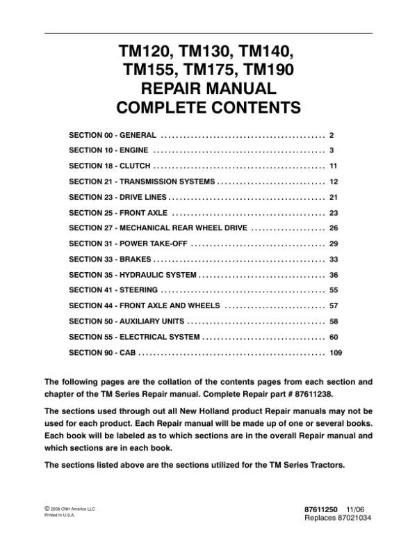 Service manual New Holland TM120, TM130, TM140, TM155, TM175, TM190 | 87611250