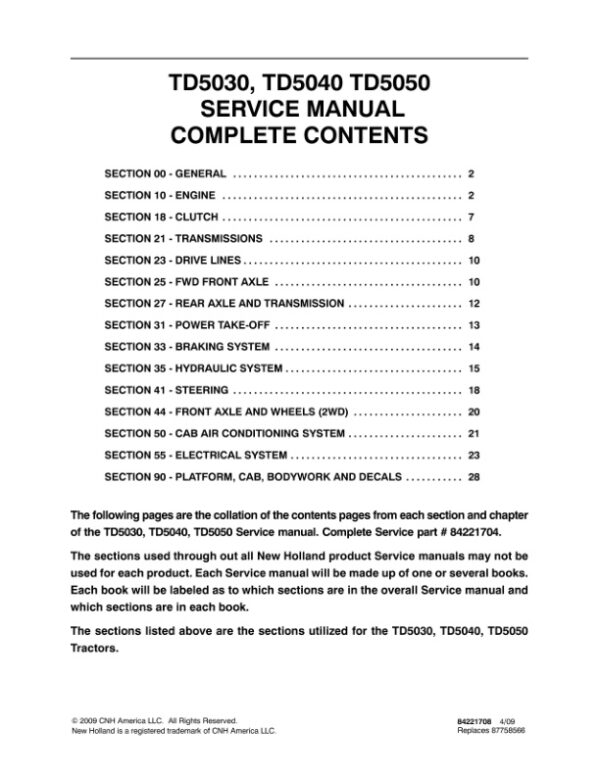 Service manual New Holland TD5030, TD5040, TD5050 Tractor | 84221704