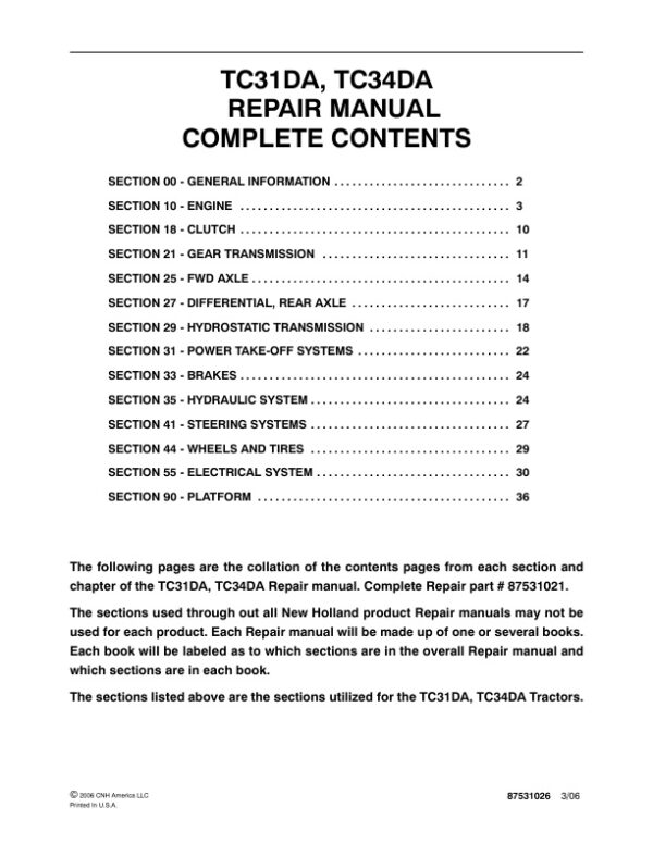 Service manual New Holland TC31DA, TC34DA Tractor | 87531021