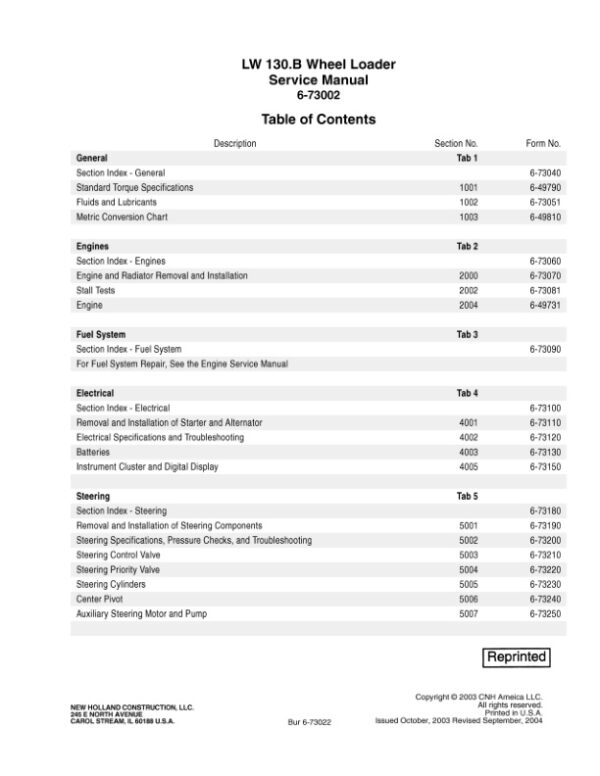 Service manual New Holland LW130B Wheel Loader