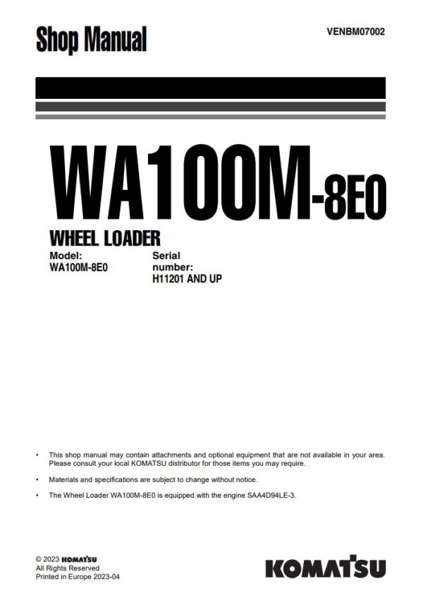 Service manual Komatsu WA100M-8E0 H11201 & Up | VENBM07002