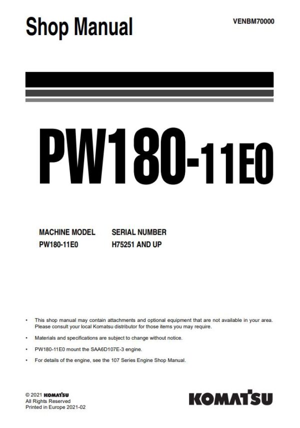 Service manual Komatsu PW180-11E0 H75251 & Up | VENBM70000