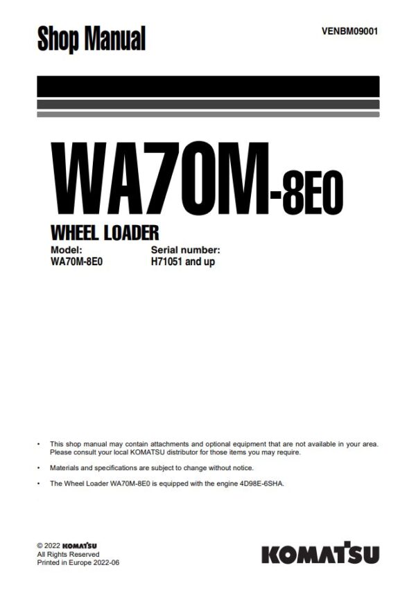 Service manual Komatsu WA70M-8E0 H71051 & Up | VENBM09001