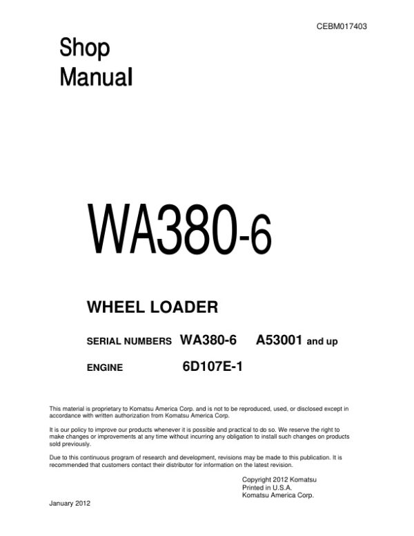 Service manual Komatsu WA380-6 Wheel Loader | CEBM017403