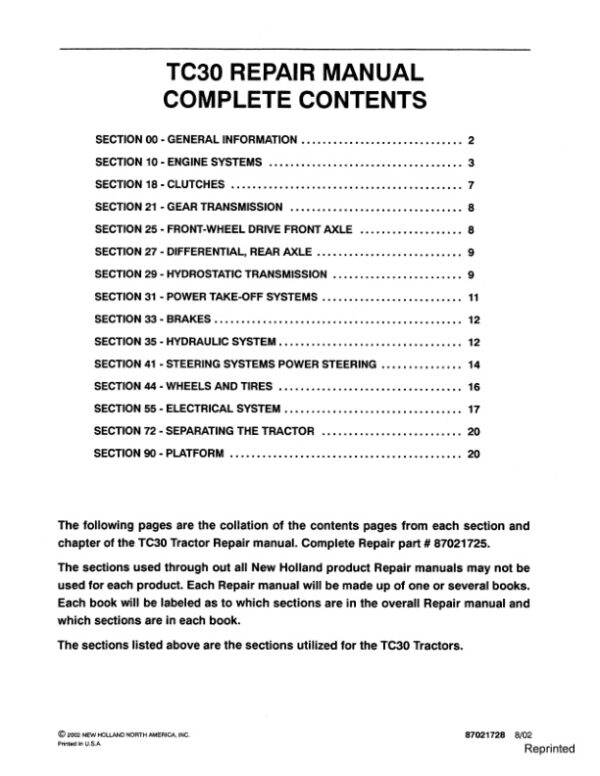 Service manual New Holland TC30 Compact Tractor | 87021728